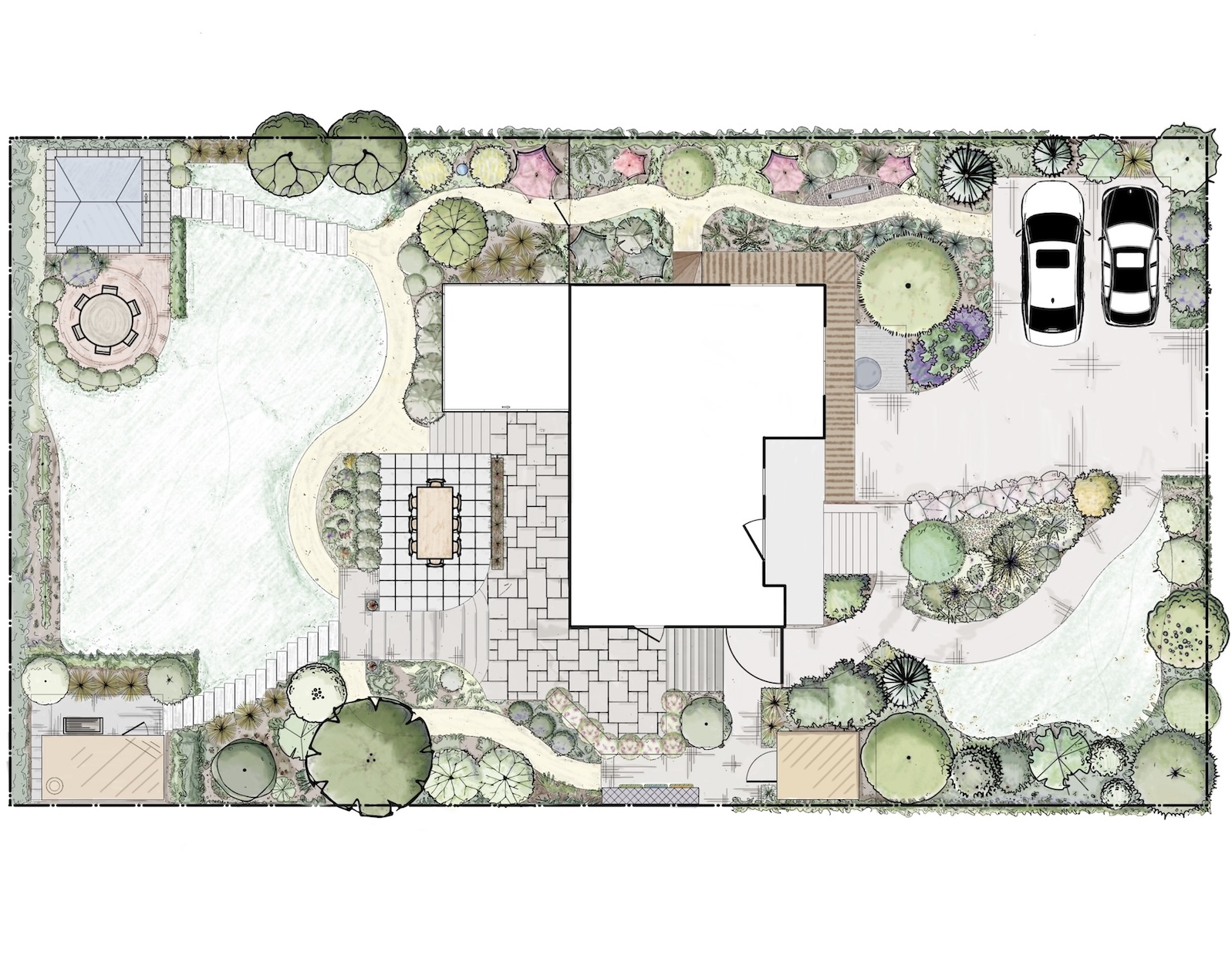 Ontwerp impressie van ruime, moderne en verrassende tuin in Schijf