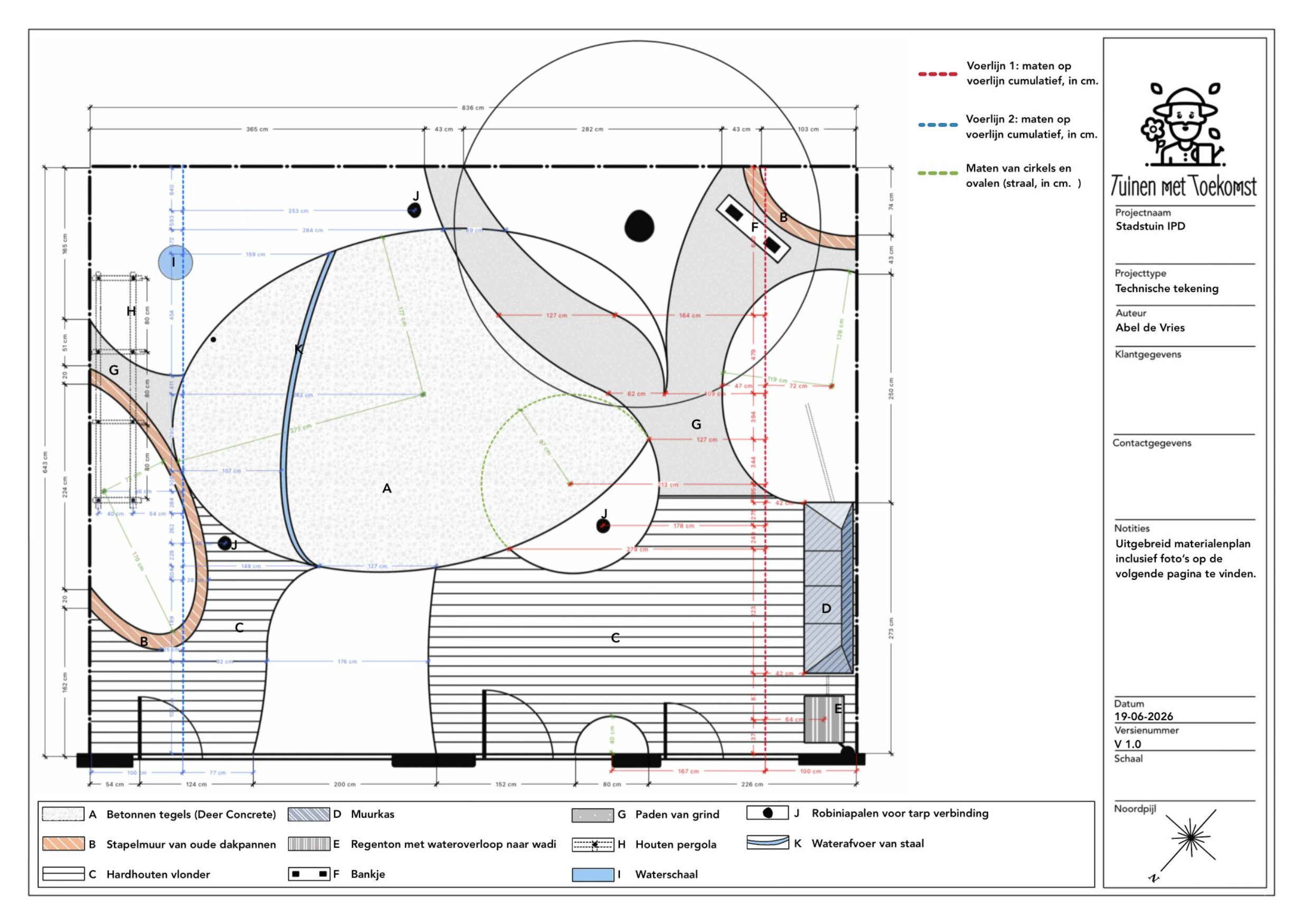 Technische tekening van ruime, moderne en verrassende tuin in Schijf