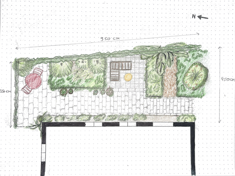 Ecologisch tuinontwerp schaduwrijke stadstuin Breda, tegels er uit en groen er in.